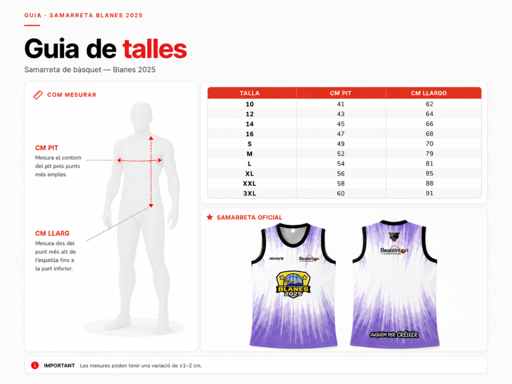 Guia de talles de la samarreta oficial del Torneo de Blanes